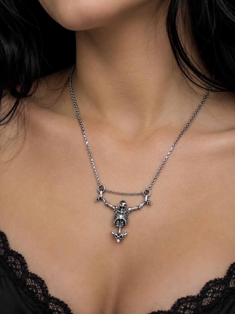 Sterling Silver Skeleton Pendant Necklace - Women's Gothic Jewelry
